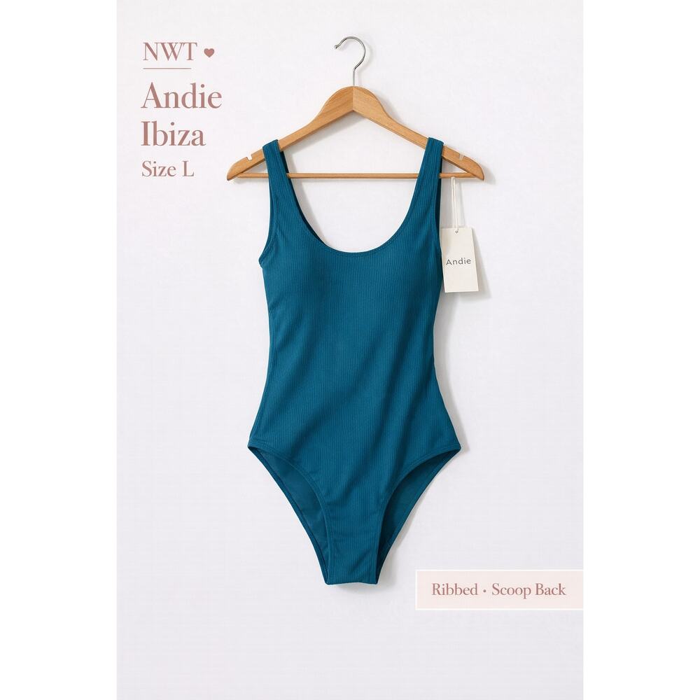 Andie Ibiza One Piece Swimsuit Ribbed Teal Scoop Back Large NWT